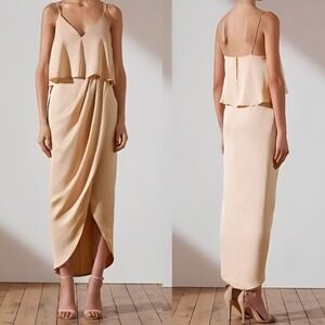 Shona Joy Champagne Luxe Frill Tulip Hem Maxi Dress Side Slit Size 2
